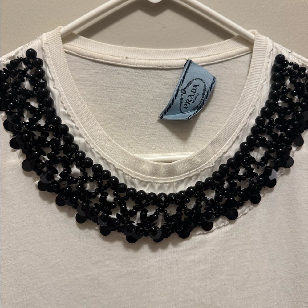 Prada Cream/White Tee with Black Beaded Collar - Picture 5 of 9